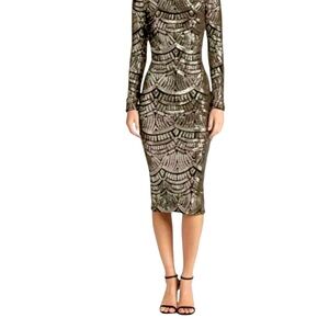 Dress the Population Emery Velvet Sequin Midi Dress Platinum Black Size Medium